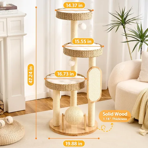 Miniatura 8 de HITTITE Moderna torre de árbol para gatos con poste rascador, torres para gatos de 47 pulgadas de alto con bola rascadora y almohadilla, árbol