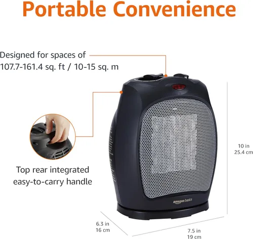 Miniatura 3 de Amazon Basics Calentador de espacio de cerámica oscilante, solución de calefacción portátil para interiores, con protección contra Negro