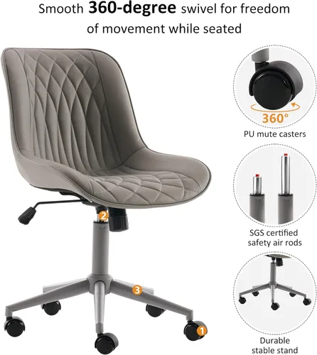 Miniatura 4 de YOUNIKE Silla de oficina ergonómica de piel sintética gris sin brazos, cómoda silla de escritorio con respaldo mecedor, bonita silla giratoria