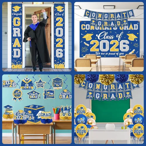 Miniatura 4 de Decoraciones de graduación de la clase de 2026, decoraciones de graduación azul y dorado con pancarta de felicitaciones, telón de fondo, letrero