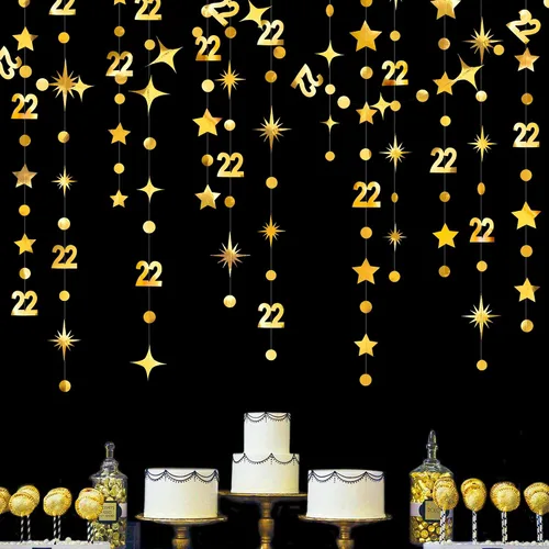 Miniatura 7 de Decoraciones Negras de Cumpleaños Número 22 Círculo Punto Estrella Guirnalda Serpentina Banderín Banner Telón de Fondo para Mujeres Hombres