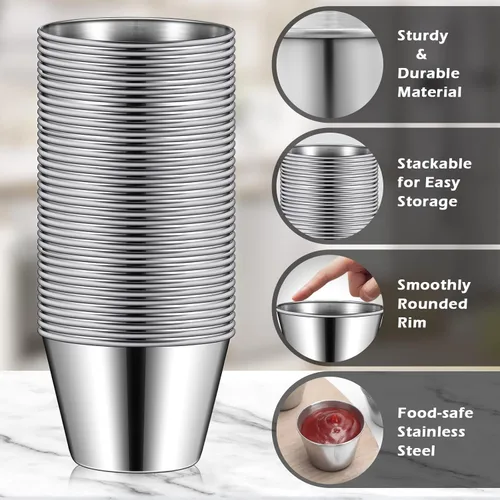 Miniatura 4 de Mimorou 100 moldes de metal de 2.5 onzas para salsa de acero inoxidable, recipientes de salsa a granel, cuencos redondos, tazones de condimento