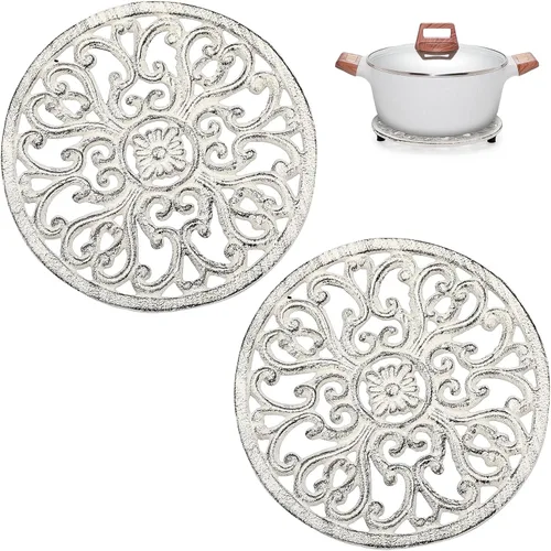 Miniatura 13 de Sumnacon 2 salvamanteles redondos de hierro fundido – Salvamanteles de hierro resistentes al calor de 8 pulgadas para platos calientes, tetera, Negro