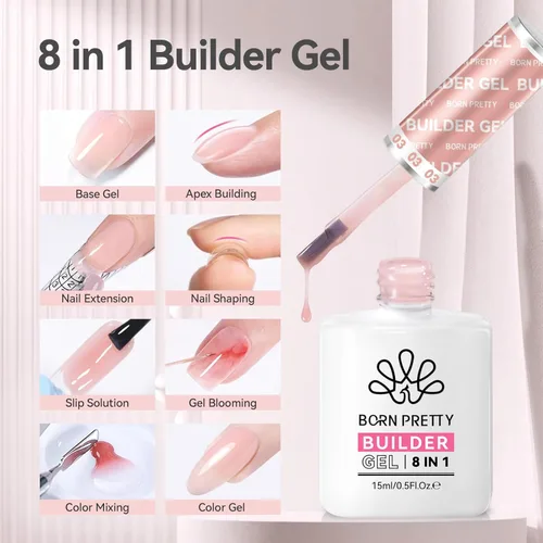 Miniatura 2 de BORN PRETTY Gel constructor para uñas, gel fortalecedor de gel de extensión 8 en 1, gel de construcción dura, gel base de gel rosa, gel constructor