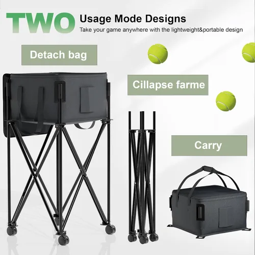 Miniatura 6 de Tolva de pelota de tenis para 120 pelotas, cesta de pelota de tenis con bolsa de almacenamiento extraíble, carrito de pelota de tenis con ruedas