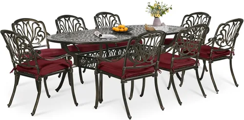 Miniatura 21 de Juego de comedor de patio de 9 piezas, mesa y sillas de patio al aire libre, mesa de comedor ovalada de aluminio fundido de 84 pulgadas con agujero