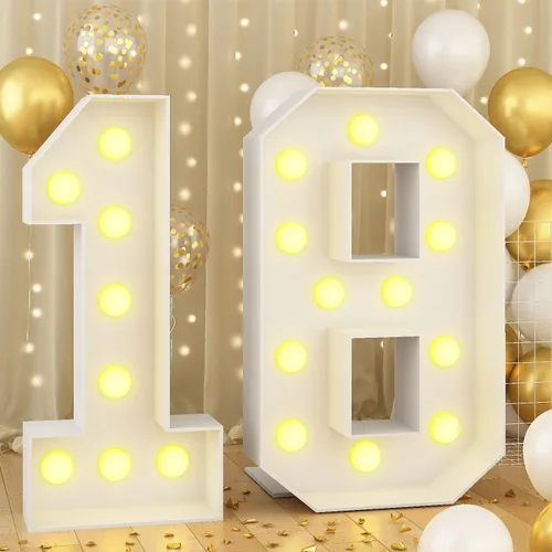 Miniatura 12 de Marquesina grande de número 0 blanca con luces y marco de mosaico, letra 0 para decoración de fiesta de cumpleaños, cartón precortado, tablero