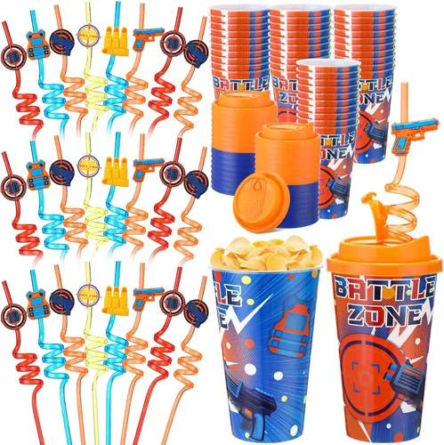 Miniatura 27 de Yungyan 16 juegos de tazas de golosinas con tapas y pajitas para decoraciones de cumpleaños, reutilizables, 16 onzas, vasos de plástico para dulces