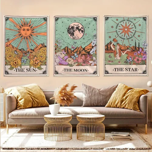 Miniatura 6 de Aipon Tapiz de Tarot Lindo Juego de 3 Tapices de Tarot Sol Luna Estrella Floral Verde Pequeña Tapicería Estética para Colgar en la Pared