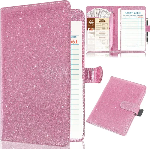 Miniatura 11 de Libreta para camarera, organizador de cuero con bolsillo con cremallera, cartera de dinero para camarera brillante y soporte para bolígrafos, Oro