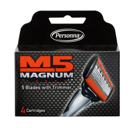 Personna juego de 4 cuchillas de repuesto para rasuradora Magnum 5 de 5 hojas con recortador, paquete de de 1, Negro