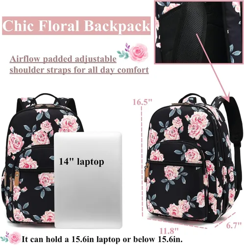 Miniatura 29 de Leaper Mochila para laptop para mujer: linda mochila floral para escuela, universidad, viajes, trabajo, mochila ligera para niños, Negro margarita