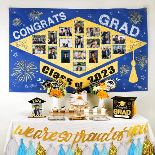 Miniatura 5 de Decoraciones para fiestas de graduación 2023, juego de 60 piezas: telón de fondo grande para foto, caja de tarjetas de graduación, palos de centro