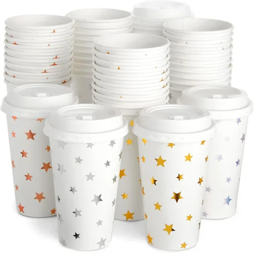 Miniatura 12 de BLUE PANDA Tazas de café de papel, 16 onzas, 48 unidades, 4 colores florales pastel, tazas desechables con tapas para café caliente y frío y té