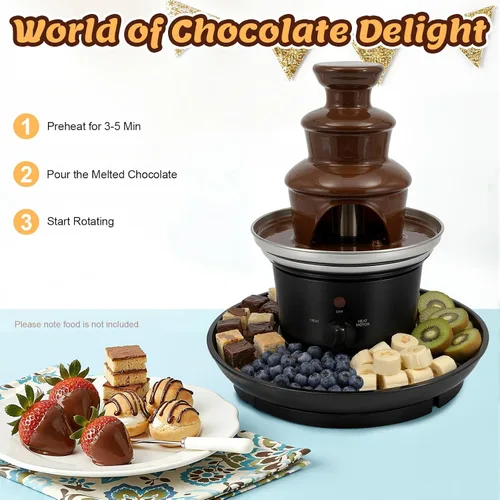 Miniatura 6 de Fuente de chocolate, fuente de fiesta de acero inoxidable de 3 niveles con bandeja de alimentos y tenedor, máquina eléctrica de fuente de fondue