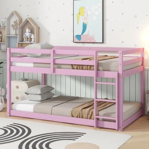 Miniatura 18 de Litera de tamaño individual sobre individual, litera de piso con escalera, barandillas de seguridad, literas de madera para camas individuales