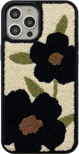 Bonita funda para teléfono compatible con iPhone 14 Pro, diseño femenino retro de flores negras con diseño floral, delgada, suave y esponjosa, Black