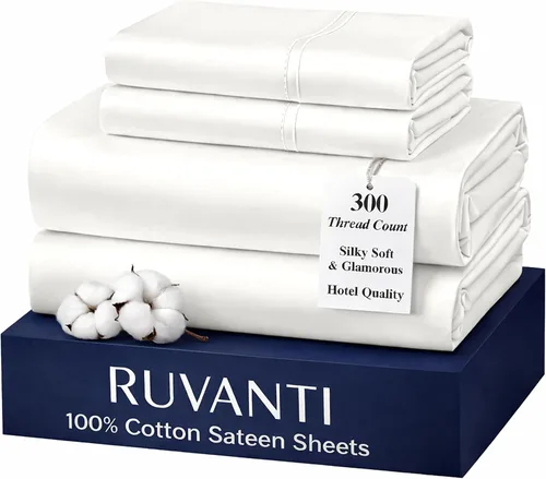 Miniatura 32 de RUVANTI Juego de sábanas de 100 % algodón tamaño matrimonial, tejido de satén suave y sedoso de 300 hilos, refrescante, ligero y transpirable, Beige