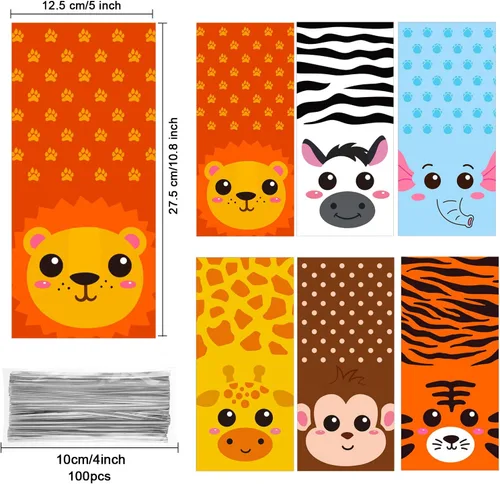 Miniatura 2 de 120 bolsas de golosinas para fiesta de animales de safari de la selva, bolsas de regalo de golosinas, bolsas de dulces de animales para selva