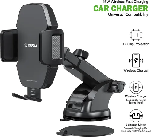 Miniatura 8 de Cargador de coche inalámbrico para teléfono, cargador de coche de carga rápida de 15 W con sujeción automática, cargador de coche soporte