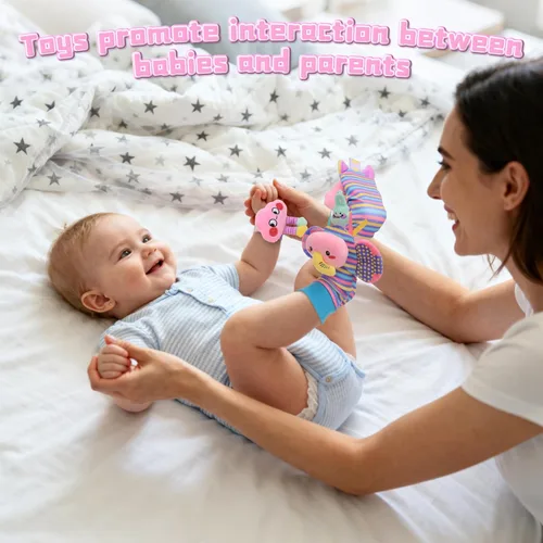 Miniatura 6 de Calcetines con Sonajero de Muñeca y Buscador de Pies para Niñas Bebé, Juguetes Sensoriales de Unicornio Rosa Esenciales para Recién Nacidos de 0 a