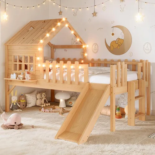 Miniatura 10 de Marco de cama de tamaño matrimonial para niños con escaleras, bonito techo y ventana en forma de estrella para niños y niñas, cama de plataforma