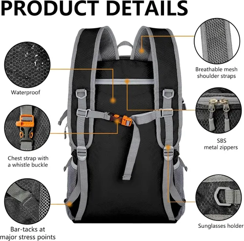 Miniatura 3 de Goloni Mochila plegable ultraligera de 40 litros – Mochila de senderismo plegable resistente al agua, pequeña mochila plegable para viajes