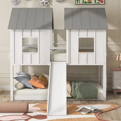 Miniatura 16 de JIVOIT Litera de madera con diseño de techo y ventanas, litera individual sobre individual con nido y escalera integrada para niños, adolescentes