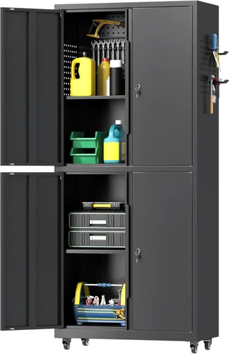 Miniatura 15 de Armario de pared de garaje de metal con puerta abatible hacia arriba, cabenit de herramientas flotante negro con estante ajustable, armarios
