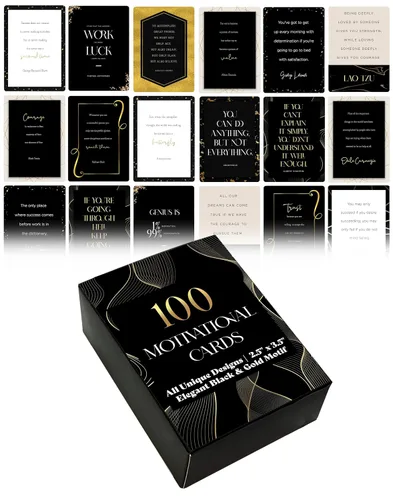 Better Office Products 100 tarjetas con citas de ánimo, citas inspiradoras famosas, todos los diseños únicos, elegante diseño negro y dorado,