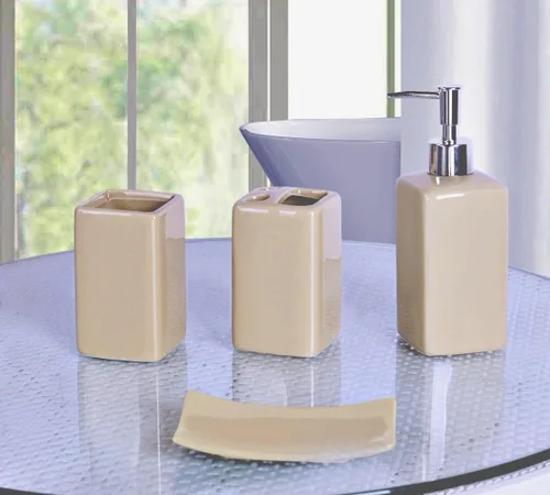 Miniatura 2 de Juego de accesorios para encimera de baño de 4 piezas de cerámica maciza (beige)