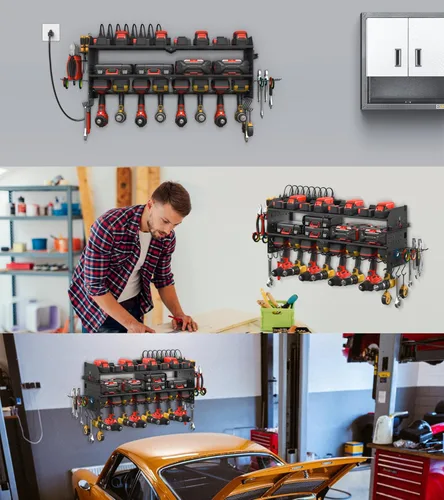 Miniatura 7 de JUNNUJ Organizador de herramientas eléctricas grande con tablero de clavijas y estación de carga, soporte de pared con 8 tomas de corriente