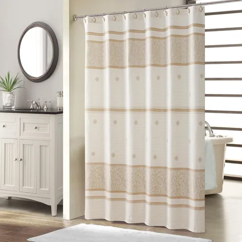Miniatura 22 de Cortina de ducha de tela, estampado beige y tostado, cortinas de ducha con patrón de damasco bohemio de cachemira para baño, cortinas de baño Hudson