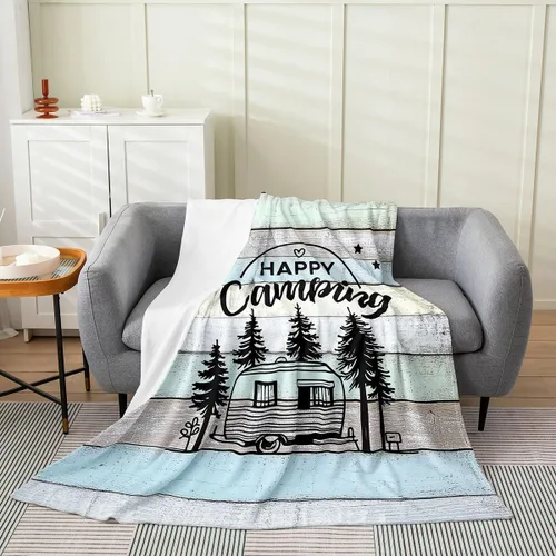 jejeloiu Manta de cama de campamento para todas las estaciones, manta de franela de vellón con temática de campamento feliz, manta peluda de madera