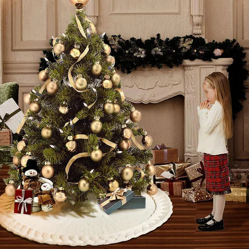 Miniatura 7 de NIBESSER Falda blanca para árbol de Navidad, falda de árbol de piel sintética de 48 pulgadas, alfombra de árbol de lentejuelas con plumas doradas