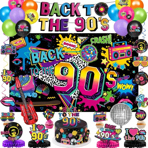 Las decoraciones de fiesta de los años 90 incluyen telón de fondo de los años 90, globos de aluminio y látex, adornos para pasteles y cupcakes,