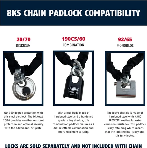 Miniatura 5 de ABUS Cadena de seguridad cuadrada gruesa de acero endurecido 8KS/16 para bicicletas, contenedores, remolques, cuatrimotos, motocicletas y propiedad