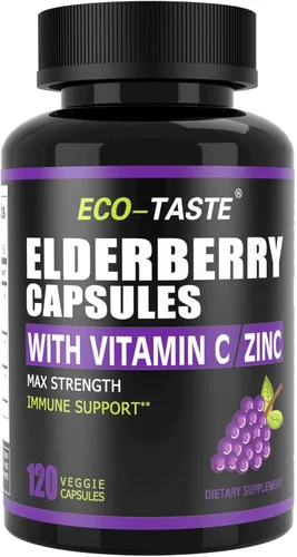 ECO-TASTE Cápsulas de saúco con zinc y vitamina C, 120 cápsulas, bayas de saúco Sambucus para apoyo inmunológico, salud de la piel, cápsulas