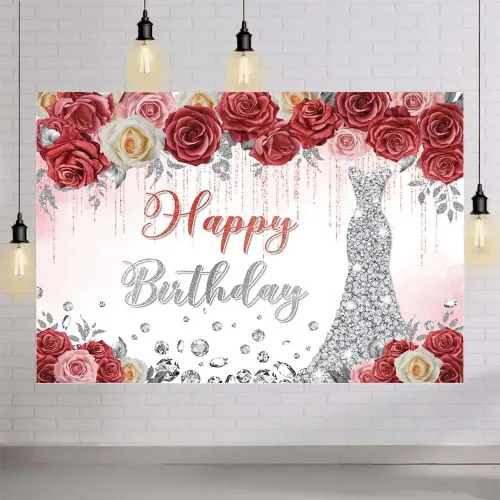 Miniatura 4 de AIBIIN Telón de fondo de feliz cumpleaños de 7 x 5 pies, vestido plateado floral rojo, fondo de fotografía, goteando purpurina de cristal plateado
