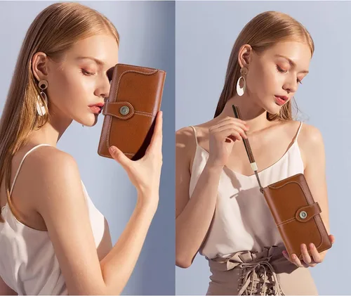 Miniatura 6 de FALAN MULE Cartera de cuero para mujer, de gran capacidad, bifold, con bloqueo RFID, tarjetero con bolsillo para monedas con cremallera