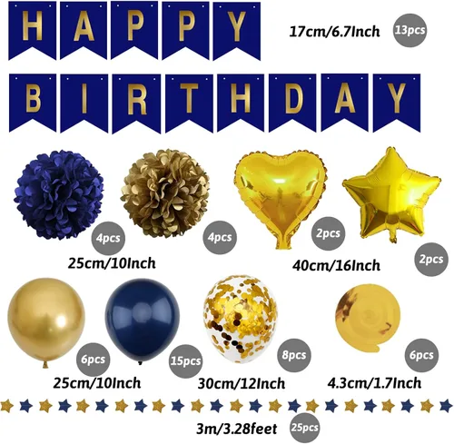 Miniatura 2 de ZERODECO Decoraciones de cumpleaños, decoraciones de fiesta azul marino y dorado con pancarta, pompones, globos para niños, niñas, hombres y mujeres