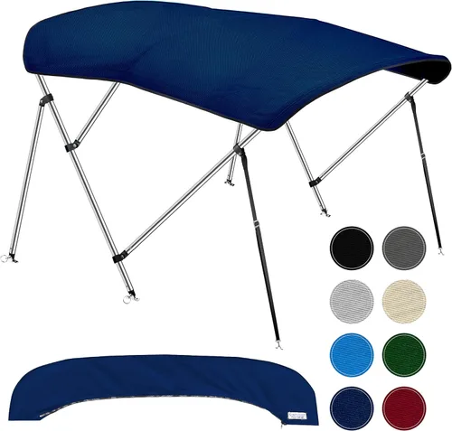 Bimini Tops de 3 lazos para barcos, a prueba de decoloración, postes de soporte, funda de almacenamiento, lona marina 900D, toldo para barco, Azul