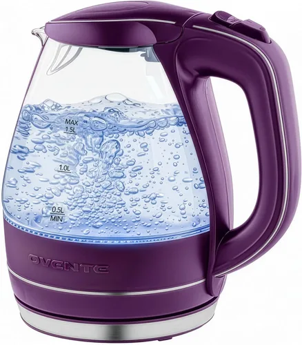 OVENTE Hervidor de vidrio eléctrico portátil de OVENTE 1.5 litros con luz azul LED y base de acero inoxidable, calefacción rápida Hacedor de té con