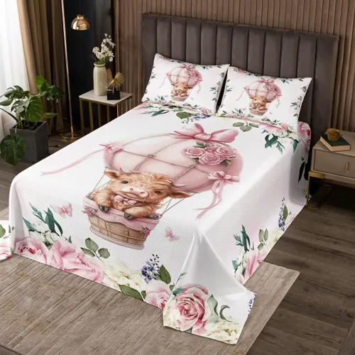 Miniatura 31 de Manfei Lindo pingüino para niños, tamaño individual, juego de colcha de princesa con lazo rosa con globo aerostático, decoración de habitación