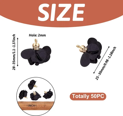 Miniatura 2 de Cheriswelry 50 colgantes de tela de tela de flores de tela negra con pétalos florales con tapa dorada en forma de campana para manualidades, aretes