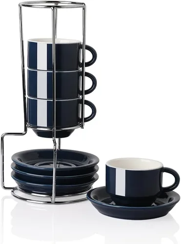 Miniatura 33 de Sweejar - Tazas de café de porcelana con platillos, tazas de capuchino apilables de 4 onzas con soporte de metal para bebidas de café, café