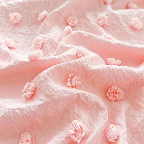 Miniatura 8 de Juego de ropa de cama rosa para cuna, edredón jacquard con lunares copetudos, sábana bajera y falda de cama, bonito bordado, bohemio, shabby chic