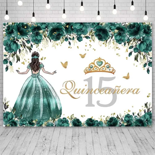 Miniatura 11 de Sendy Telón de fondo de quinceañera de 15 cumpleaños para niñas, vestido azul, corona de princesa, fondo de fotografía, flores azules y zapatos