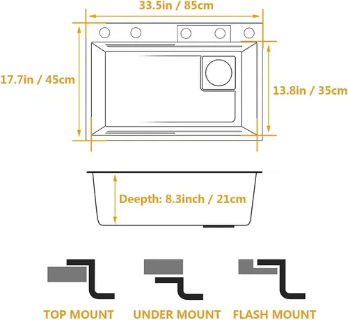 Miniatura 7 de ARTLINE Fregadero de cocina negro de un solo tazón, fregadero de cascada de acero inoxidable, fregadero de bar con lavaplatos, fregadero de estación