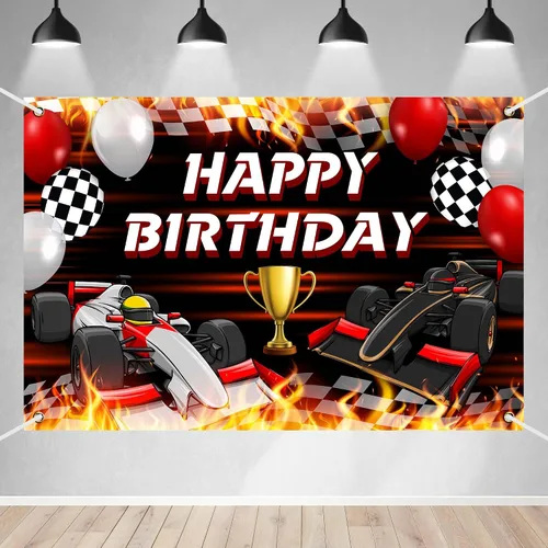 Cartel de feliz cumpleaños de carreras de coches, juego temático de carreras, competición de coches, campeón, decoración de fondo para fanáticos de